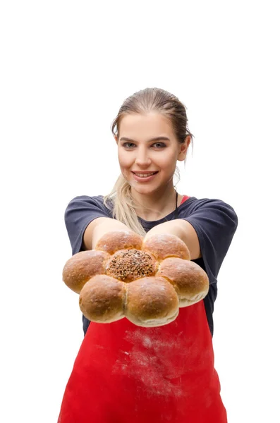 Jonge vrouwelijke baker geïsoleerd op wit — Stockfoto