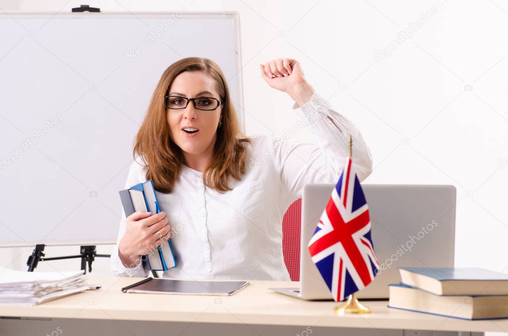 Female english language teacher in front of whiteboard 