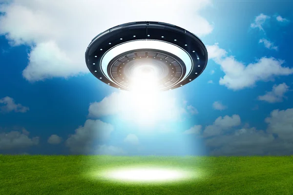 Illustrazione del disco volante che emette luce - rendering 3d — Foto Stock