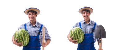 Beyaz izole karpuz ile genç çiftçi