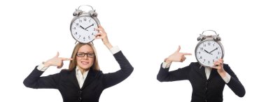 Güzel ofis çalışanı ile çalar saat üzerinde beyaz izole