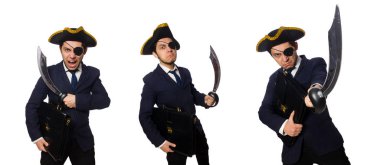 Bir evrak çantası ve üzerinde beyaz izole kılıç ile korsan gözlü