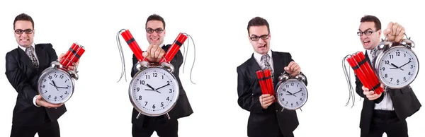 Hombre con bomba de tiempo aislado en blanco — Foto de Stock