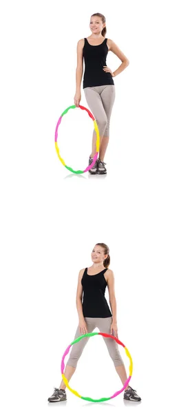 Junge Frau mit Hula-Hoop-Reifen isoliert auf weiß — Stockfoto