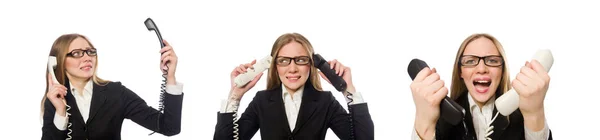 Hübsche Büroangestellte hält Telefon isoliert auf weiß — Stockfoto