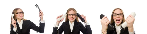 Pretty office employee holding phone isolated on white — Stock Photo, Image