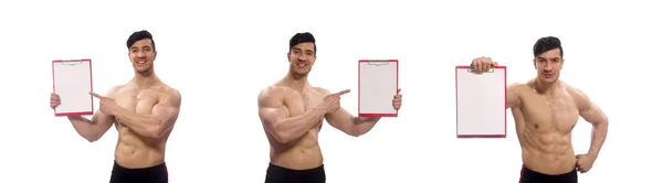 М'язистий чоловік з порожньою подушечкою для вашого повідомлення — стокове фото