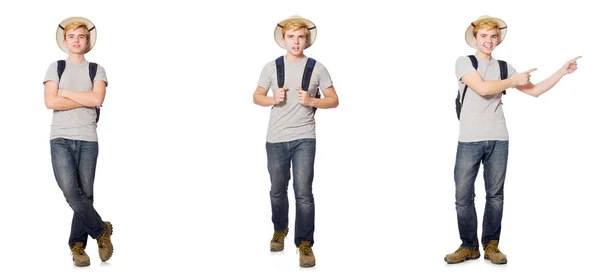 Νεαρό αγόρι στο Κορκ κράνος με σακίδιο — Φωτογραφία Αρχείου