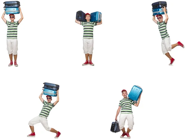 Young man with heavy suitcases isolated on white — Stock Photo, Image