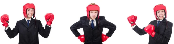 Jeune employé avec gants de boxe isolé sur blanc — Photo