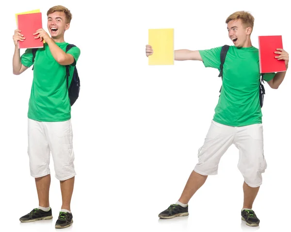 Junger Student mit Rucksack und Notizen isoliert auf weißem Papier — Stockfoto