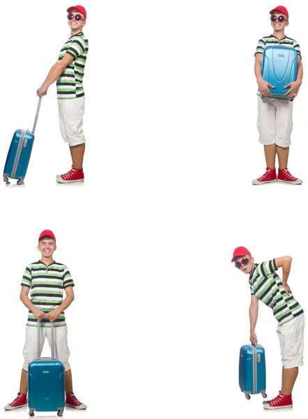 Jeune homme avec valise isolée sur blanc — Photo