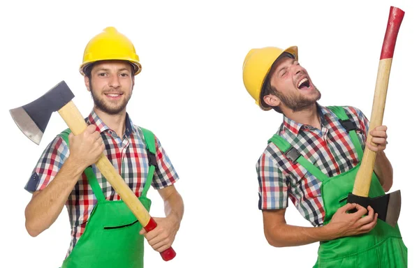 Trabajador industrial con hacha aislada en blanco — Foto de Stock