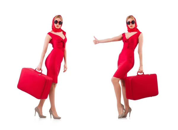 Blondie in red dress with suitcase isolated on white — Stock Photo, Image