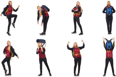 Sırt çantalı genç bir kadın bembeyaz 