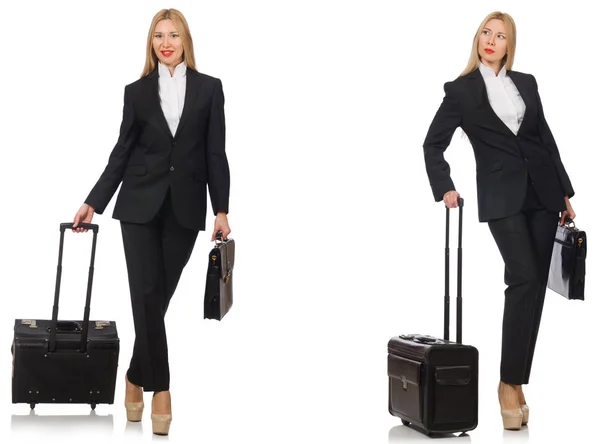 Businesswoman with suitcase isolated on white — Stock Photo, Image