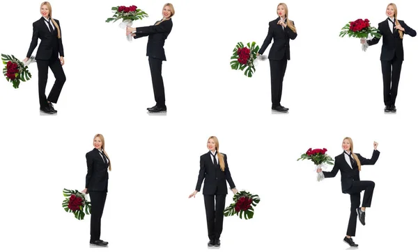 Zakenvrouw met een bos bloemen op wit wordt geïsoleerd — Stockfoto