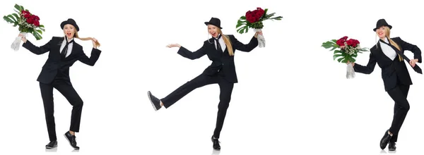 Mujer de negocios con ramo de flores aisladas en blanco —  Fotos de Stock