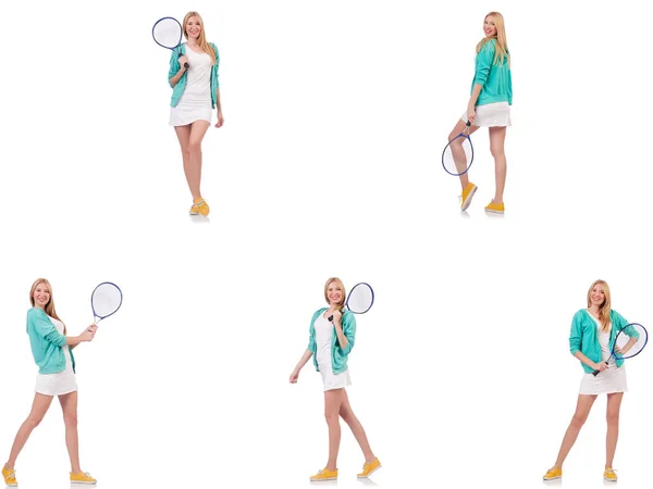 Joven hermosa dama jugando tenis aislado en blanco —  Fotos de Stock