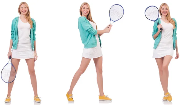Jonge mooie dame spelen tennis geïsoleerd op wit — Stockfoto