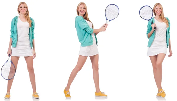 Young beautiful lady playing tennis isolated on white — Stock Photo, Image