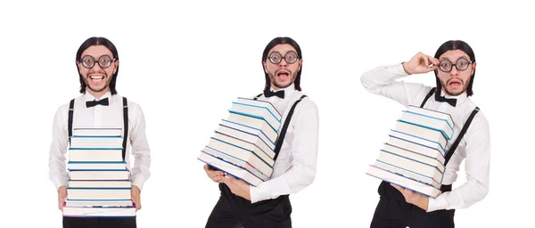 Estudiante divertido con libros aislados en blanco — Foto de Stock