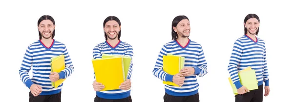 Estudiante divertido con libros aislados en blanco —  Fotos de Stock