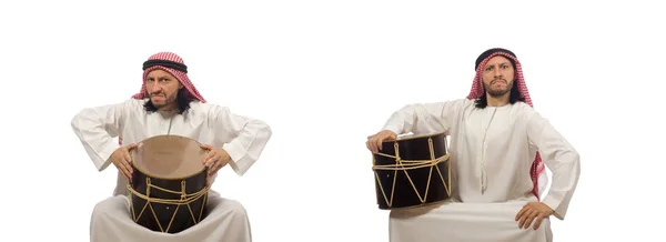 Arab man playing drum isolated on white — Stock Photo, Image