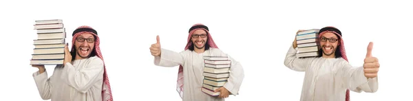 Hombre árabe con libros aislados en blanco — Foto de Stock