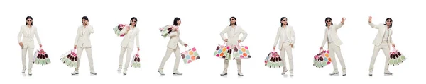 Uomo con shopping bags isolato su bianco — Foto Stock