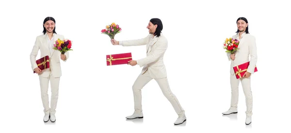 Homme avec boîte cadeau isolé sur blanc — Photo