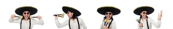 Homem engraçado usando chapéu sombrero mexicano isolado em branco — Fotografia de Stock