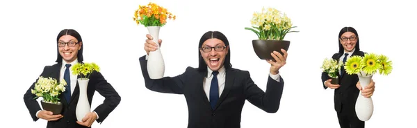 Bonito empresário com vaso de flores isolado em branco — Fotografia de Stock