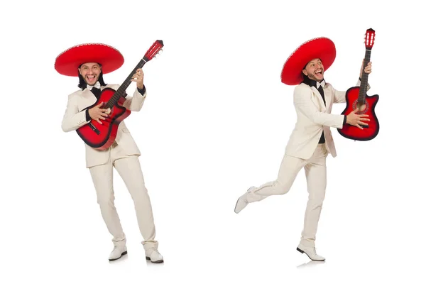 Funny mexican in suit holding guitar isolated on white — Stock Photo, Image