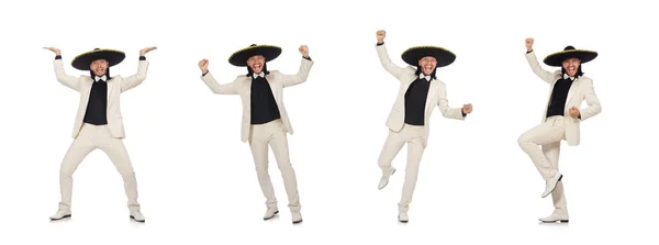 Grappige Mexicaanse in pak en sombrero geïsoleerd op wit — Stockfoto