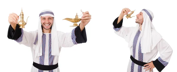 Hombre árabe con lámpara aislada en blanco — Foto de Stock