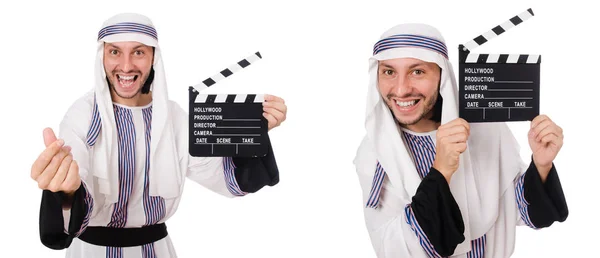 Uomo arabo con clapper-board isolato su bianco — Foto Stock