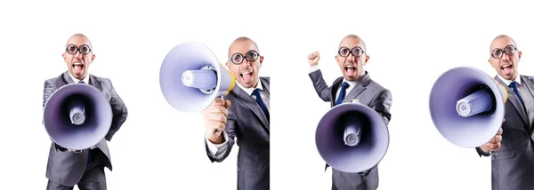 Funny man with loudspeaker on white — Stock Photo, Image