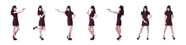 Woman gangster with handgun on white — Stock Photo, Image