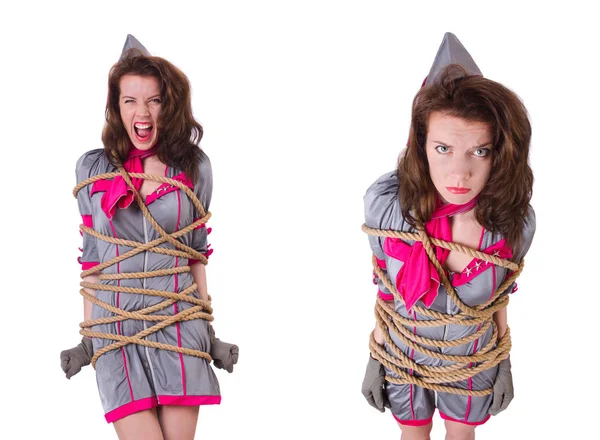 Young stewardess tied up with a rope — Stock Photo, Image