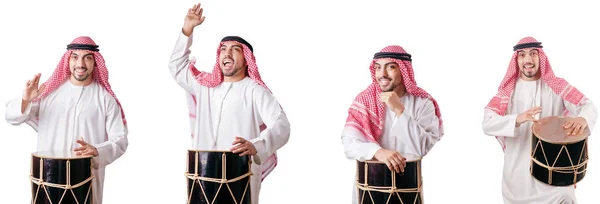 Homem árabe com tambor isolado em branco — Fotografia de Stock