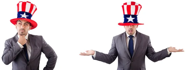 Adam beyaz izole Amerikan şapka ile — Stok fotoğraf