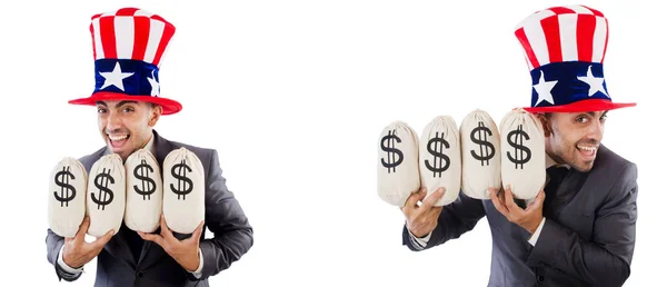 Man with american hat with moneybags — Stock Photo, Image