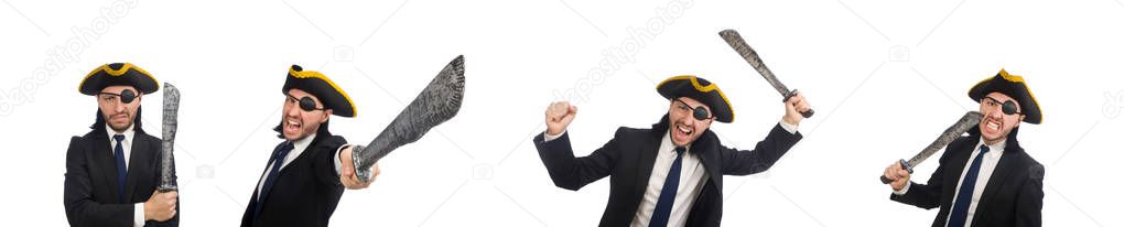 Pirate businessman with sabre isolated on white