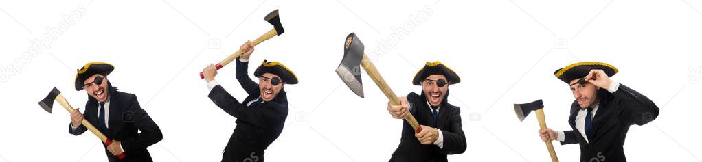 Pirate businessman with axe isolated on white