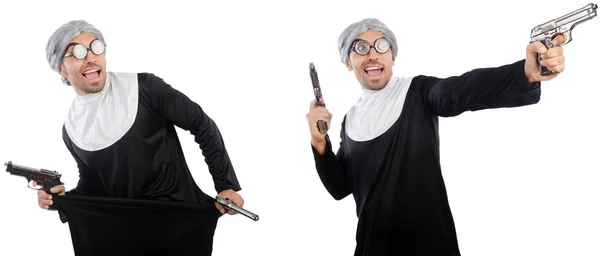 Homem de vestido de freira com pistola — Fotografia de Stock