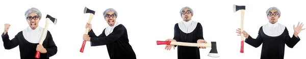 Weird male nun with hatchet — Stock Photo, Image