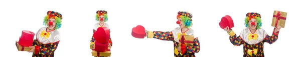 Clown med presentask isolerad på vit — Stockfoto