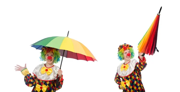 Clown with umbrella isolated on white — Stock Photo, Image