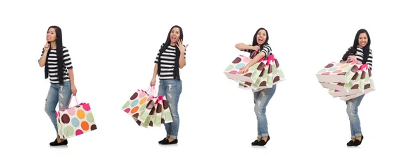 Femme avec des sacs à provisions isolés sur blanc — Photo